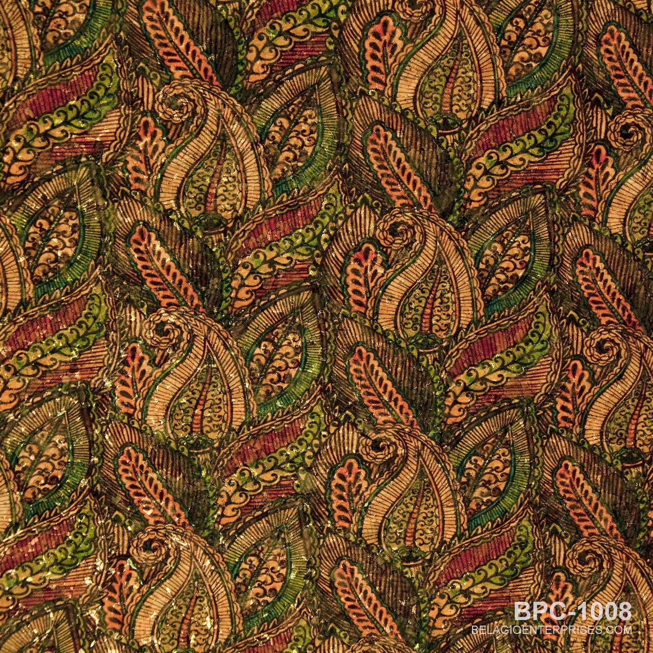 Belagio Cork Fabric, 25" Wide, Paisley Print, Green Multi, 15-Yard Bolt